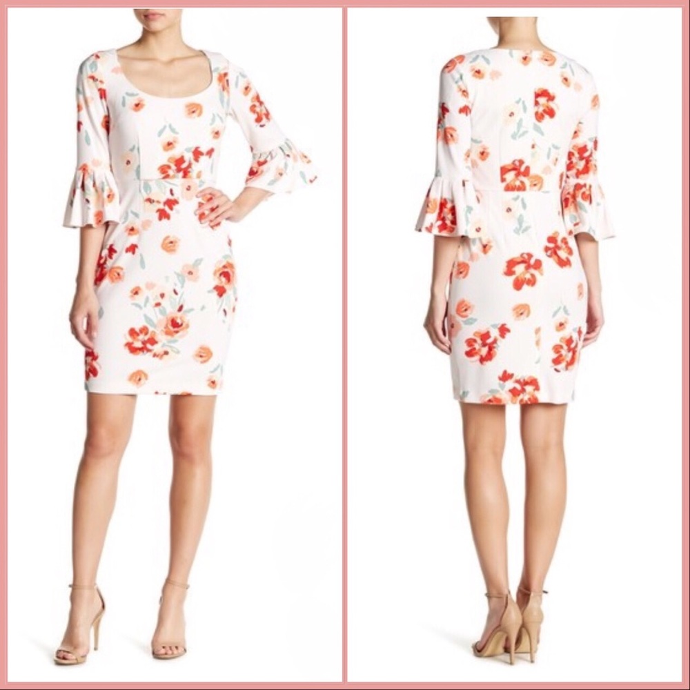 Donna Morgan Floral Ruffle Cuff Sheath Dress EUC